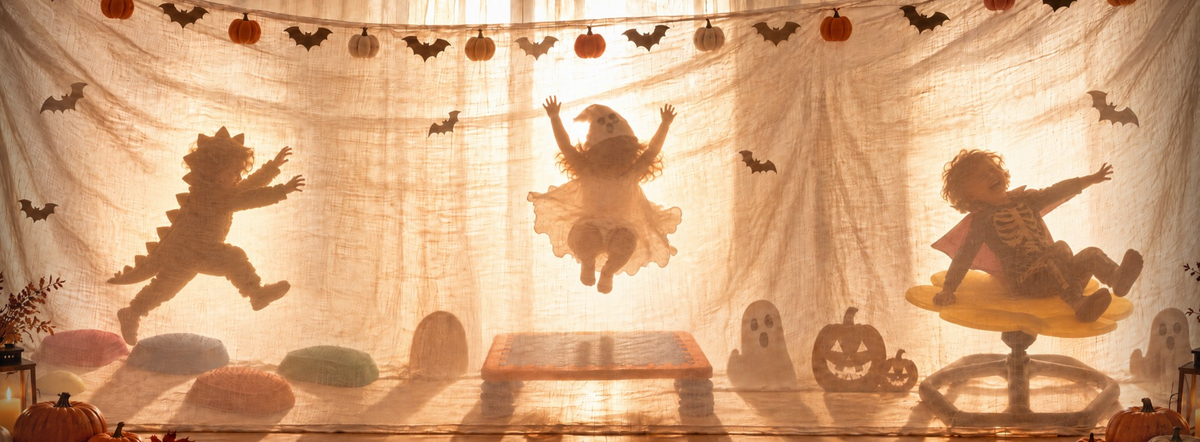 Barn i halloweenkostymer leker med TUMLE i stua